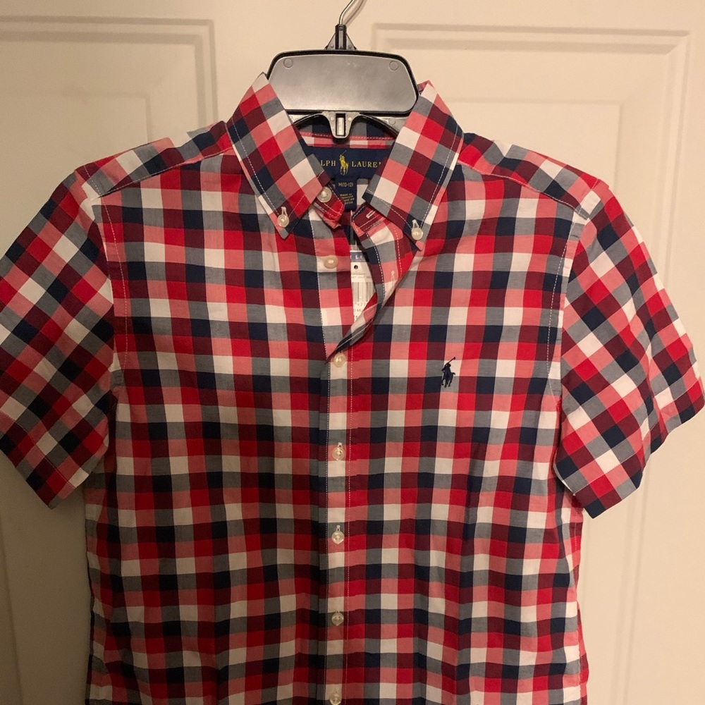🔥 NEW Ralph Lauren Polo Plaid Button Up Short Sleeve Shirt RD/WHT/BLU SZ M 10-12